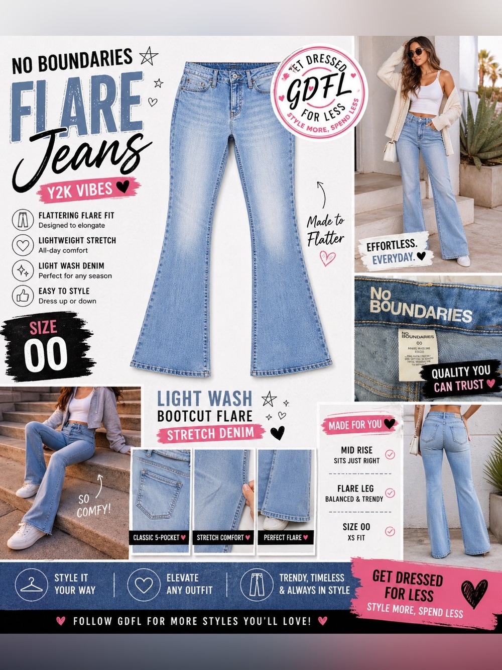 No Boundaries Flare Jeans Womens Size 00 Light Wash Bootcut Stretch Denim